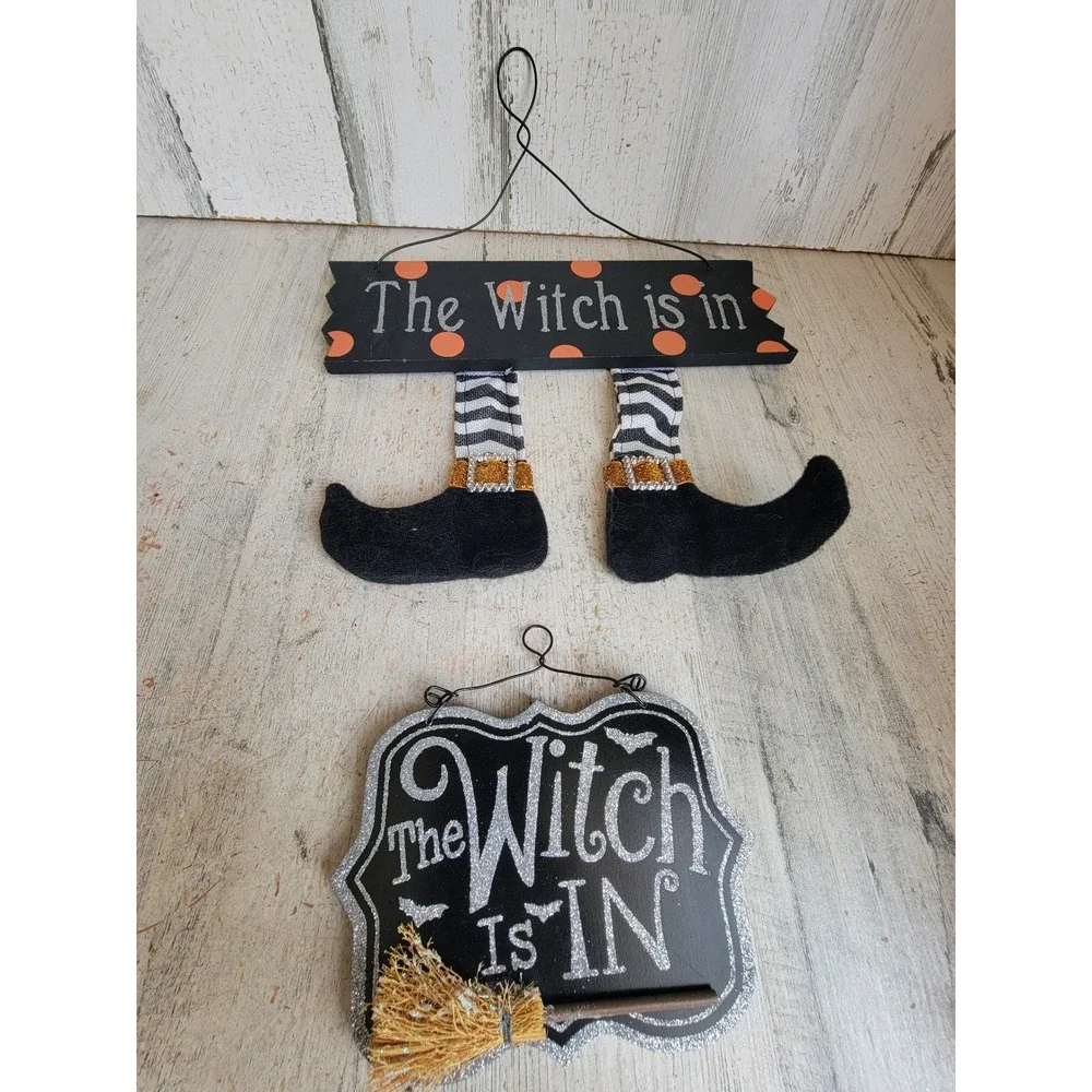 Halloween witch is in feet sign set glitter Unique broom Home decor
